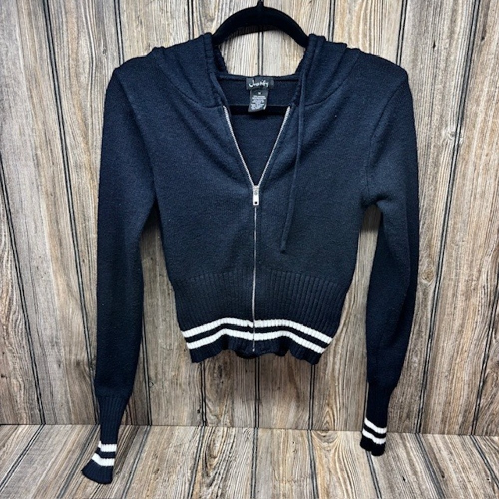Justify Navy Blue Striped Trim Zip Up Hoodie Sweater Cropped Womens M